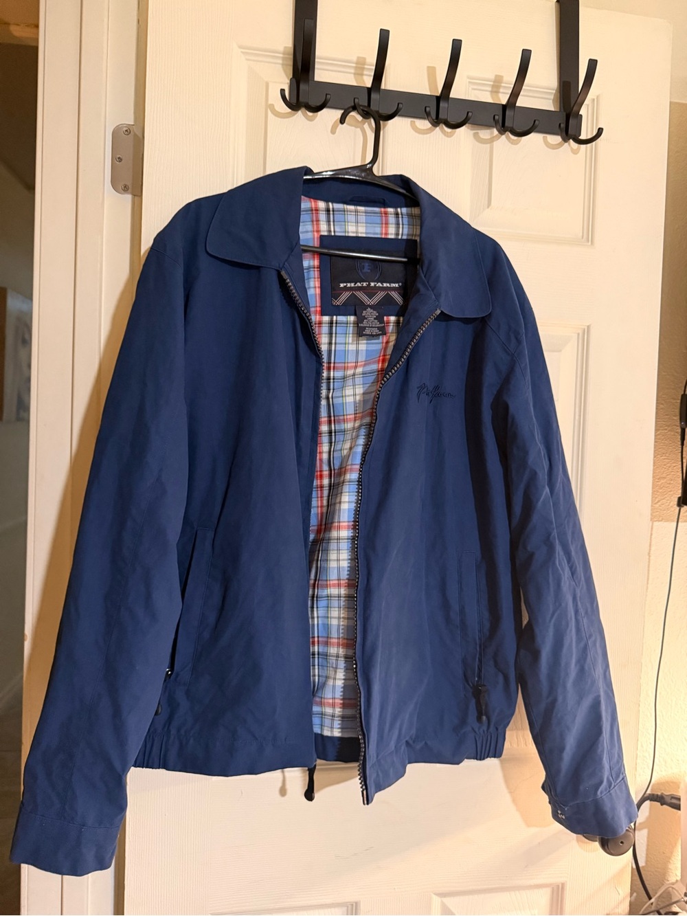 Vtg 90s Phat Farm Harrington Jacket XL Navy Blue Plaid Lined Windbreaker Bomber